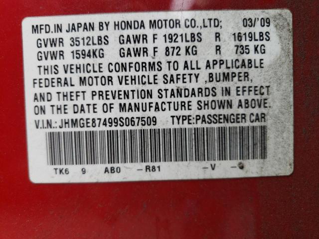 JHMGE87499S067509 - 2009 HONDA FIT SPORT RED photo 13