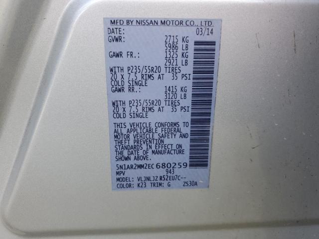 5N1AR2MM2EC680259 - 2014 NISSAN PATHFINDER S 银色 照片 13