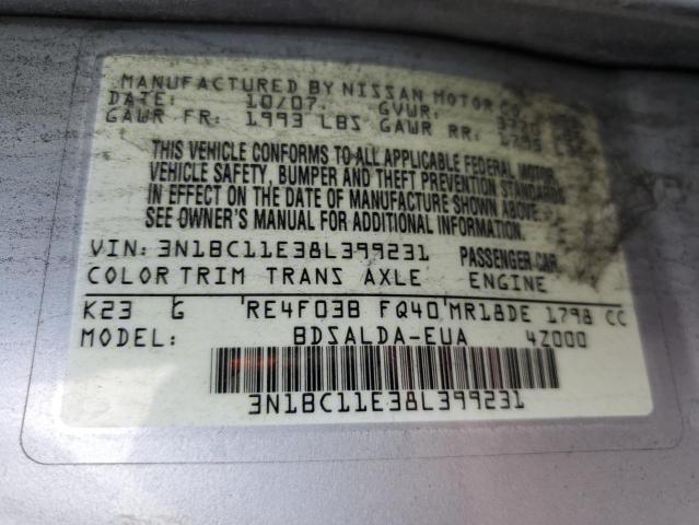 3N1BC11E38L399231 - 2008 NISSAN VERSA S SILVER photo 12