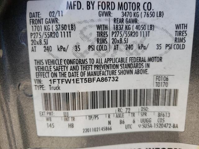 1FTFW1ET5BFA86732 - 2011 FORD F 150 SUPERCREW CHARCOAL photo 12