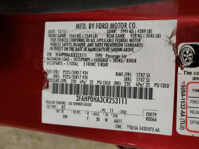 3FAHP0HA3CR253111 - 2012 FORD FUSION SE RED photo 12