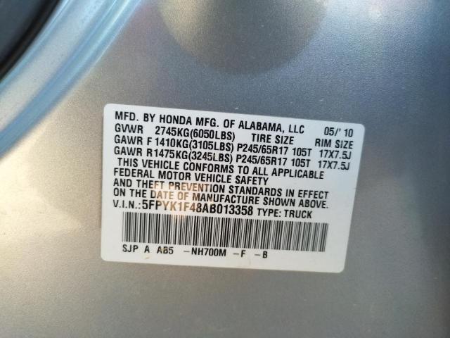 5FPYK1F48AB013358 - 2010 HONDA RIDGELINE RTS SILVER photo 12