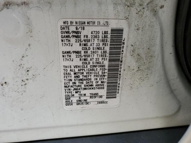 JN8AT2MV0KW374688 - 2019 NISSAN ROGUE S WHITE photo 12