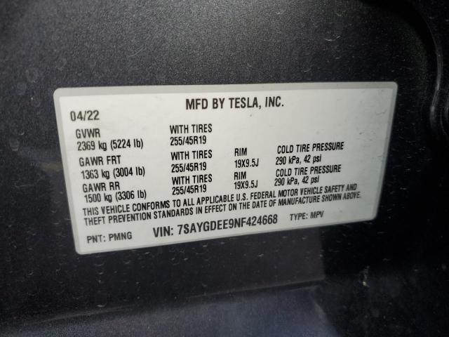 7SAYGDEE9NF424668 - 2022 TESLA MODEL Y GRAY photo 12