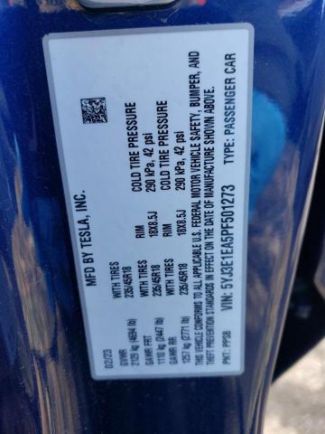 5YJ3E1EA5PF501273 - 2023 TESLA MODEL 3 Mavi foto 12