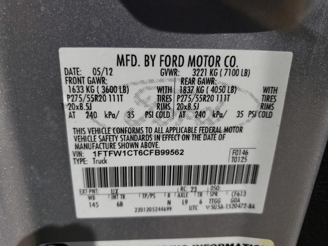 1FTFW1CT6CFB99562 - 2012 FORD F150 SUPER SILVER photo 12