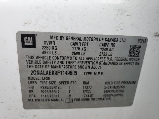 2GNALAEK9F1149605 - 2015 CHEVROLET EQUINOX LS WHITE photo 12