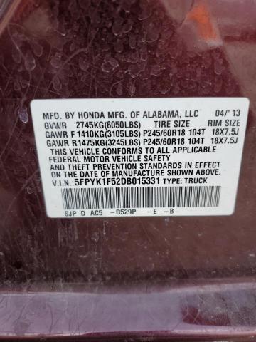 5FPYK1F52DB015331 - 2013 HONDA RIDGELINE RTL BURGUNDY photo 13