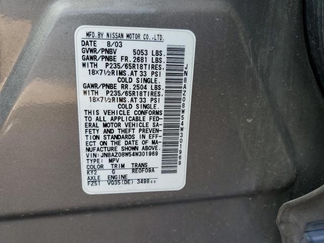 JN8AZ08W54W301969 - 2004 NISSAN MURANO SL GRAY photo 13