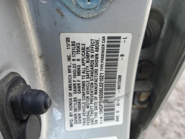 1HGFA16506L021021 - 2006 HONDA CIVIC LX SILVER photo 12