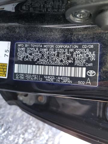 JTDKB20U583385079 - 2008 TOYOTA PRIUS BLACK photo 12