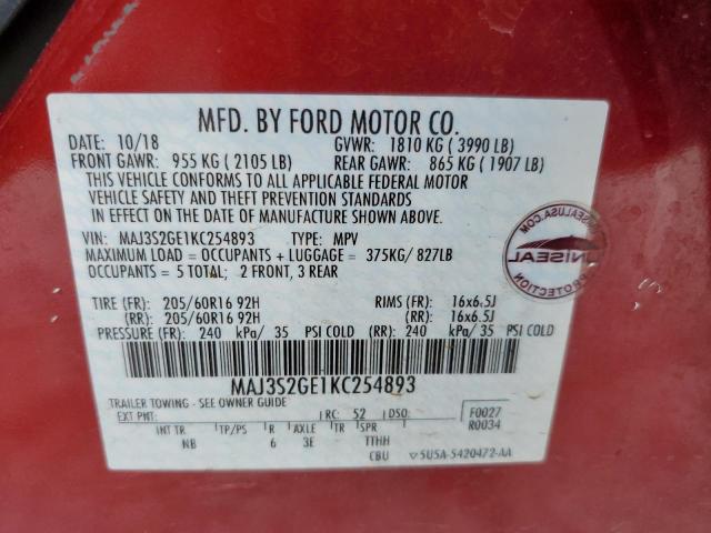 MAJ3S2GE1KC254893 - 2019 FORD ECOSPORT SE Bordeaux photo 13