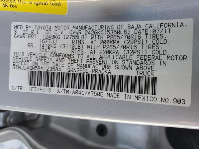 3TMJU4GN5BM123584 - 2011 TOYOTA TACOMA DOUBLE CAB PRERUNNER SILVER photo 12