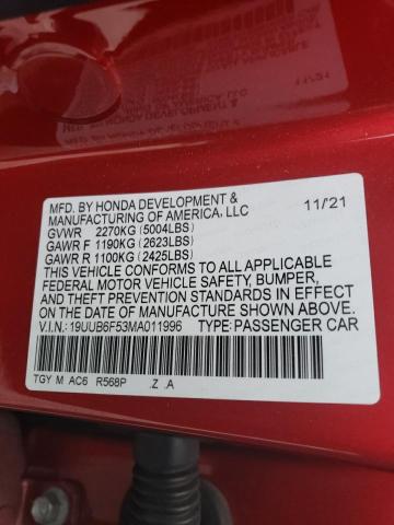 19UUB6F53MA011996 - 2021 ACURA TLX TECH A Կարմիր լուսանկար 12