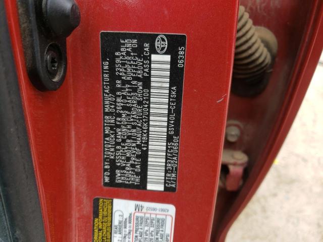 4T1BK46K17U042100 - 2007 TOYOTA CAMRY LE RED photo 13