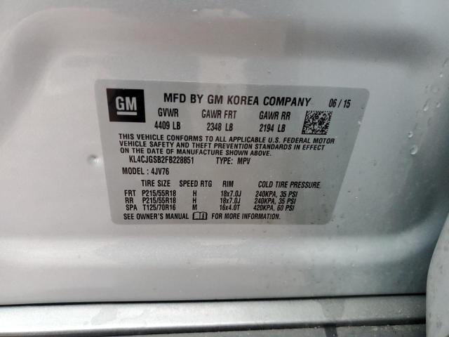 KL4CJGSB2FB228851 - 2015 BUICK ENCORE SILVER photo 13