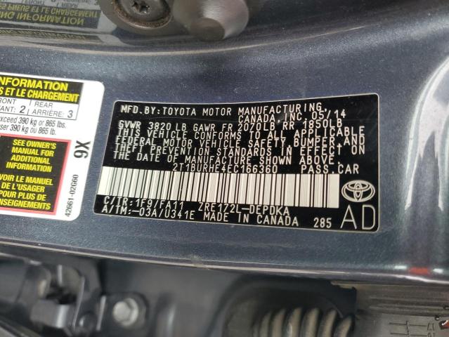 2T1BURHE4EC166360 - 2014 TOYOTA COROLLA L GRAY photo 12