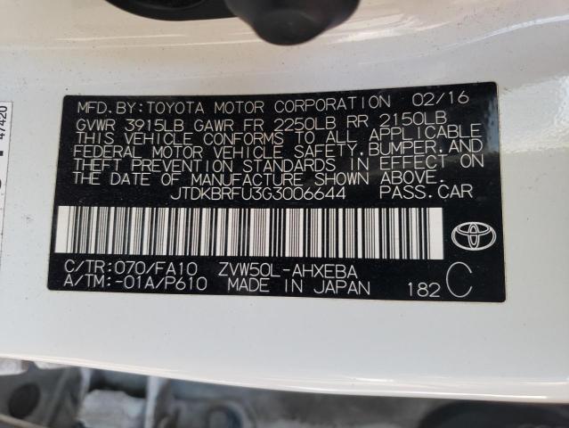 JTDKBRFU3G3006644 - 2016 TOYOTA PRIUS WHITE photo 13