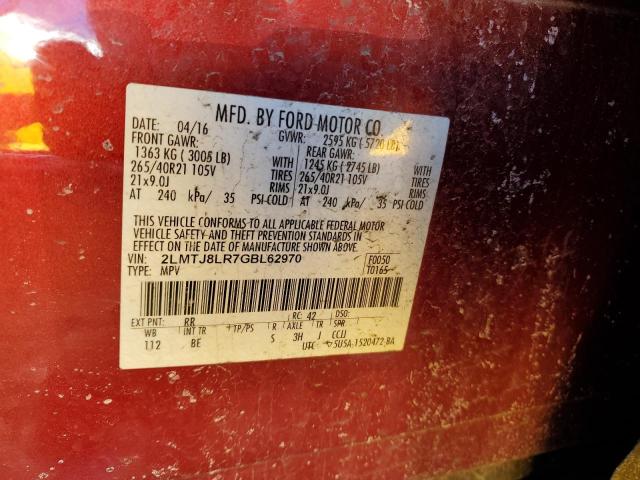 2LMTJ8LR7GBL62970 - 2016 LINCOLN MKX RESERVE 红色 照片 13