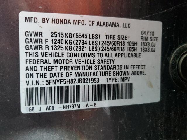 5FNYF5H82JB021993 - 2018 HONDA PILOT EXL GRAY photo 13