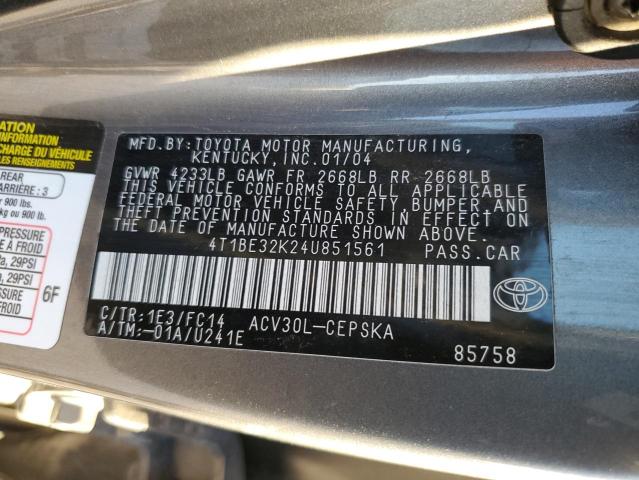 4T1BE32K24U851561 - 2004 TOYOTA CAMRY LE CHARCOAL photo 12