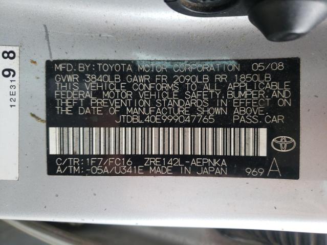 JTDBL40E999047765 - 2009 TOYOTA COROLLA BASE 银色 照片 12