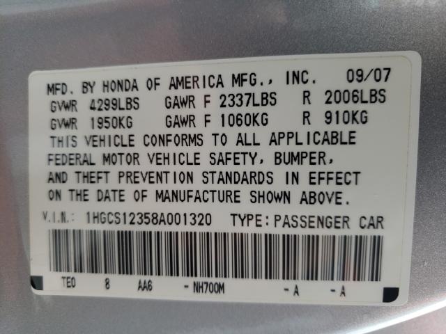 1HGCS12358A001320 - 2008 HONDA ACCORD LX-S SILVER photo 10