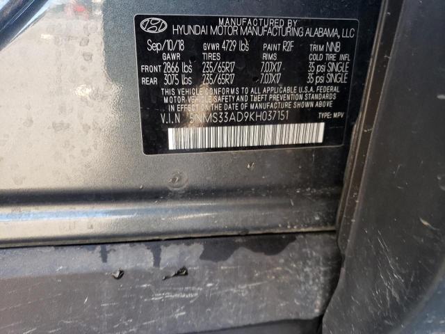 5NMS33AD9KH037151 - 2019 HYUNDAI SANTA FE SEL GRAY photo 12