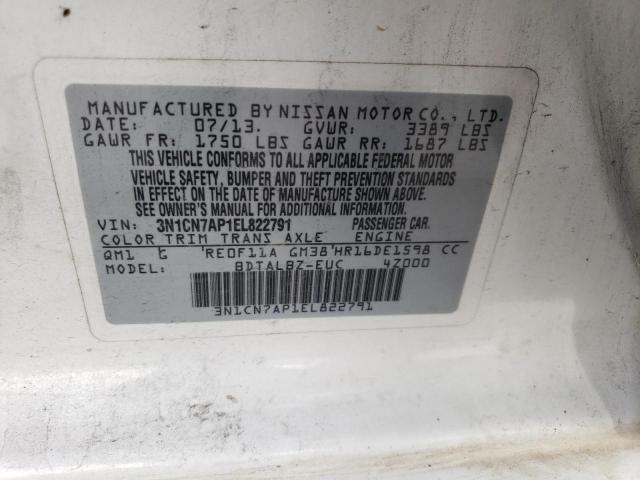 3N1CN7AP1EL822791 - 2014 NISSAN VERSA S WHITE photo 12