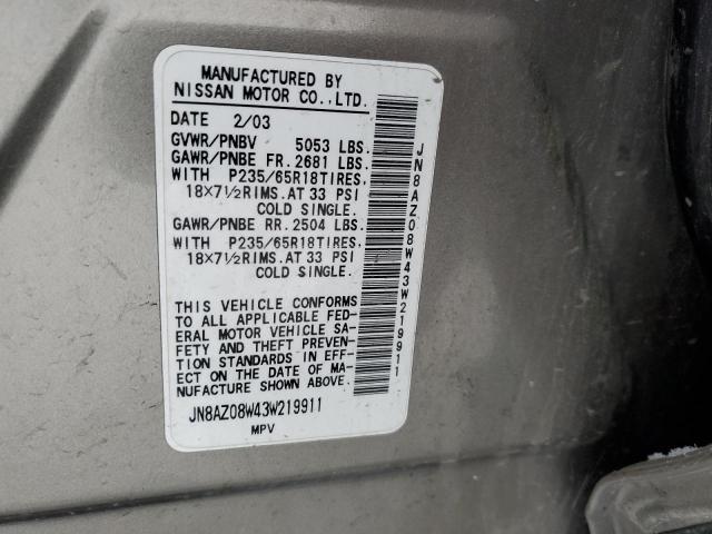 JN8AZ08W43W219911 - 2003 NISSAN MURANO SL GRAY photo 14