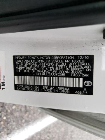 JTDBU4EE2BJ093285 - 2011 TOYOTA COROLLA BASE WHITE photo 12