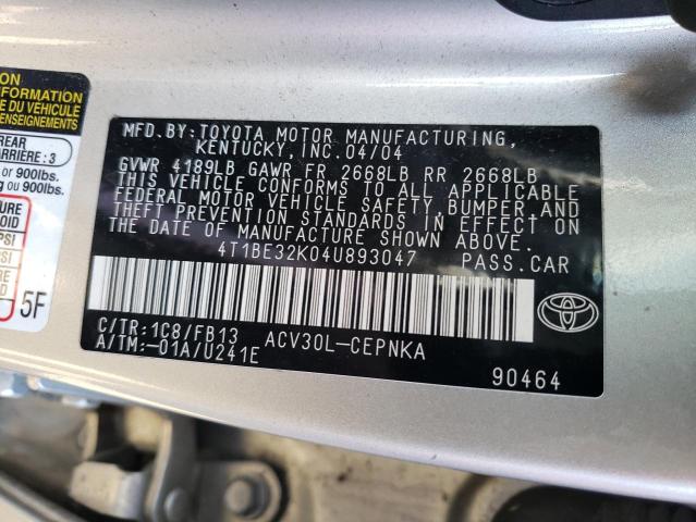 4T1BE32K04U893047 - 2004 TOYOTA CAMRY LE SILVER photo 12