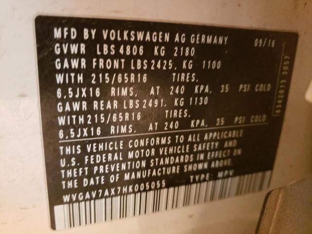 WVGAV7AX7HK005055 - 2017 VOLKSWAGEN TIGUAN S WHITE photo 13