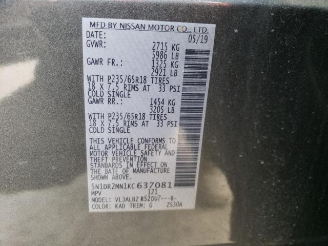 5N1DR2MN1KC637081 - 2019 NISSAN PATHFINDER S Boz foto 13