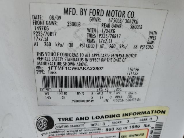 1FTMF1CW6AKA22807 - 2010 FORD F150 WHITE photo 12