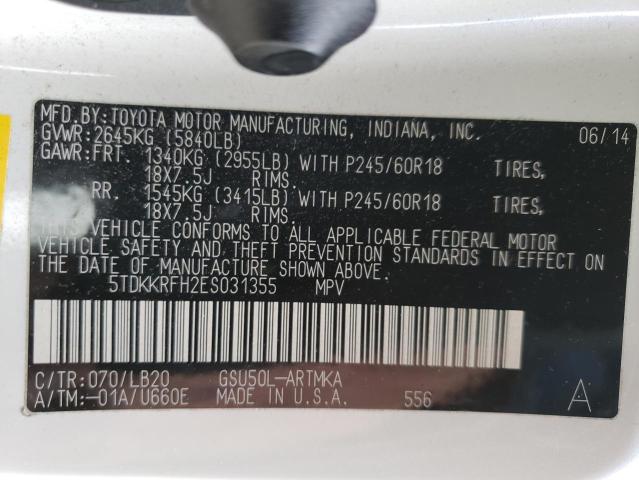 5TDKKRFH2ES031355 - 2014 TOYOTA HIGHLANDER XLE WHITE photo 13