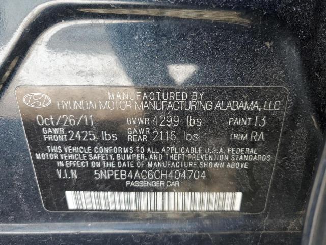 5NPEB4AC6CH404704 - 2012 HYUNDAI SONATA GLS BLACK photo 12