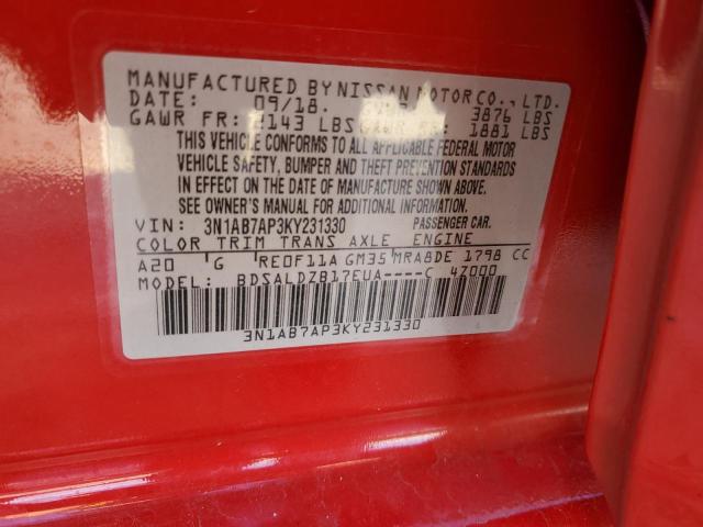 3N1AB7AP3KY231330 - 2019 NISSAN SENTRA S RED photo 12