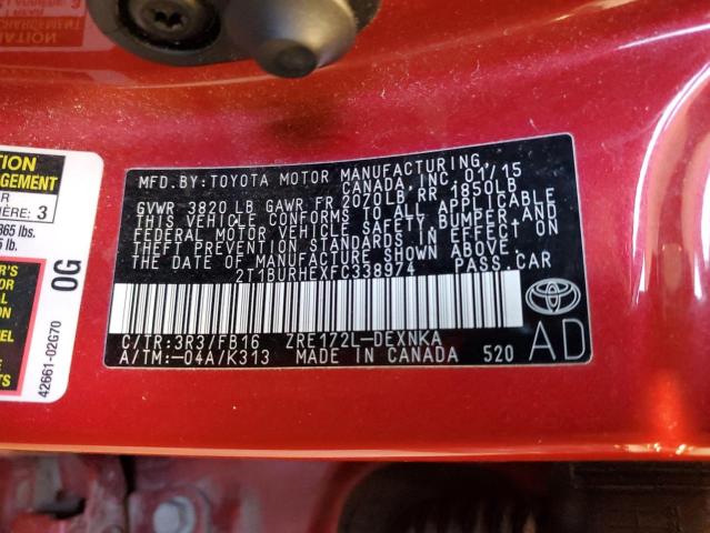 2T1BURHEXFC338974 - 2015 TOYOTA COROLLA L RED photo 12