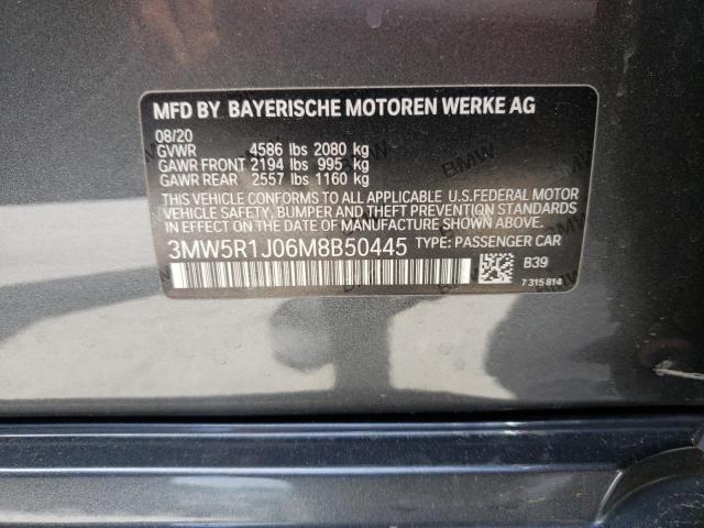 3MW5R1J06M8B50445 - 2021 BMW 330I GRAY photo 10