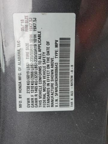 5FNRL6H93KB006643 - 2019 HONDA ODYSSEY ELITE Gris foto 12