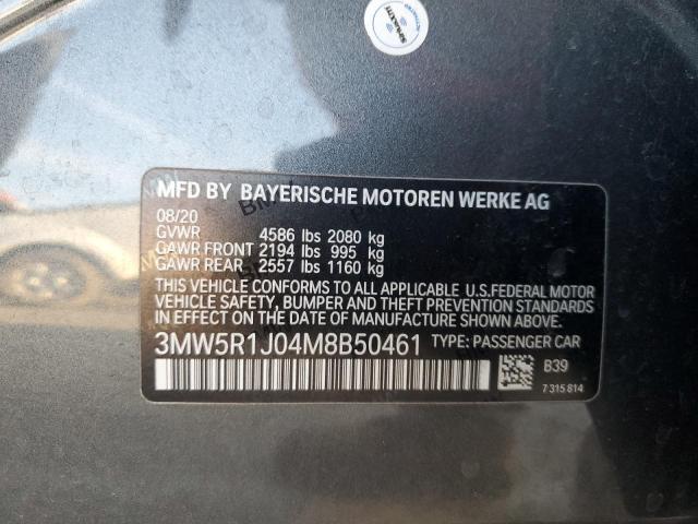 3MW5R1J04M8B50461 - 2021 BMW 330I CHARCOAL photo 12