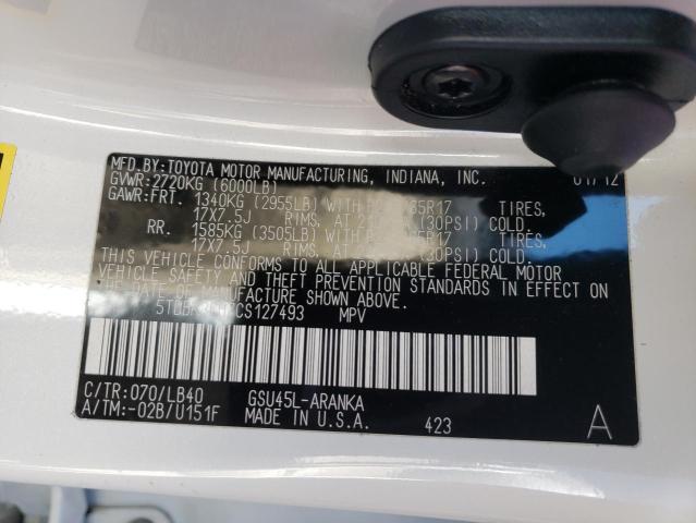 5TDBK3EH7CS127493 - 2012 TOYOTA HIGHLANDER BASE Ақ фото 13