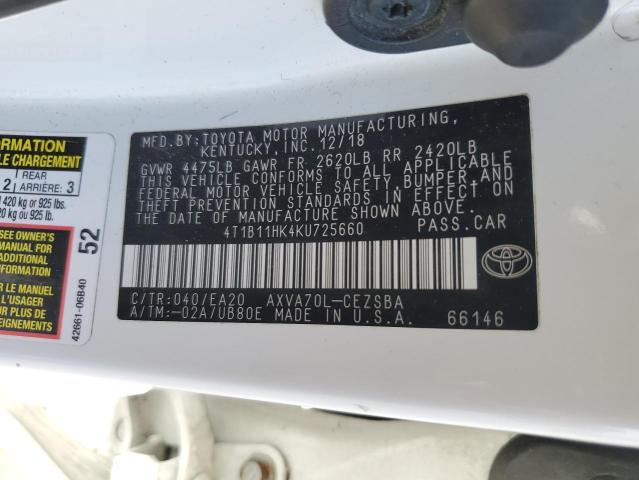 4T1B11HK4KU725660 - 2019 TOYOTA CAMRY L WHITE photo 12