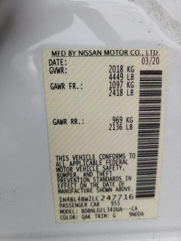 1N4BL4BW2LC247716 - 2020 NISSAN ALTIMA S WHITE photo 12