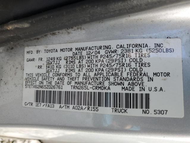 5TETX62N65Z026761 - 2005 TOYOTA TACOMA PRERUNNER ACCESS CAB SILVER photo 12