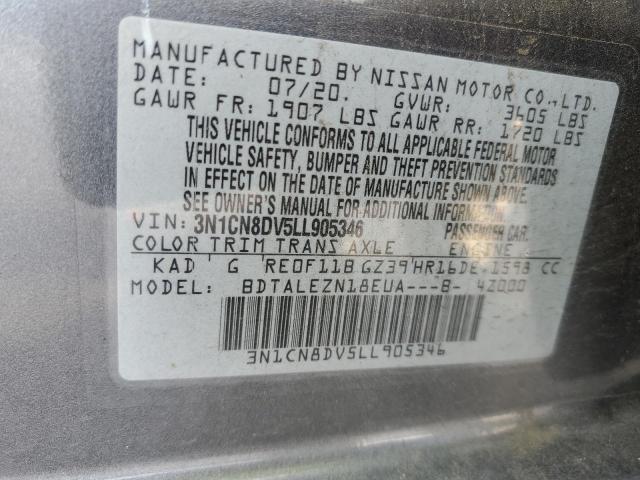 3N1CN8DV5LL905346 - 2020 NISSAN VERSA S GRAY photo 12