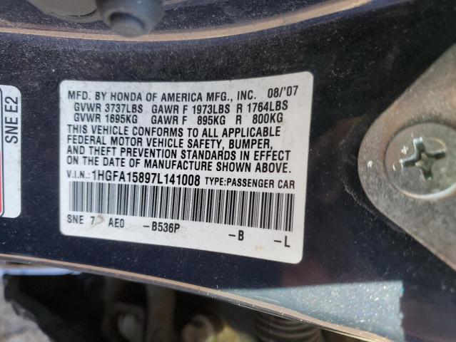 1HGFA15897L141008 - 2007 HONDA CIVIC EX BLUE photo 12