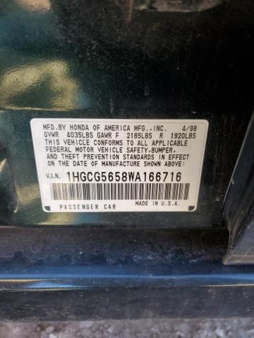 1HGCG5658WA166716 - 1998 HONDA ACCORD EX GREEN photo 12