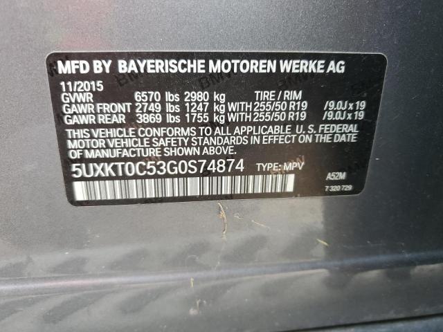 5UXKT0C53G0S74874 - 2016 BMW X5 XDR40E GRAY photo 12